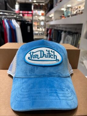 Von Dutch Light Blue Velour Trucker Hat with White Patch